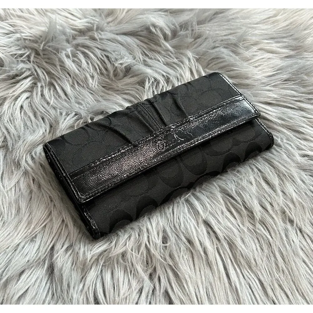 VTG COACH Black Signature 12CM Jacquard Patent Leather Trifold Clutch Wallet Set